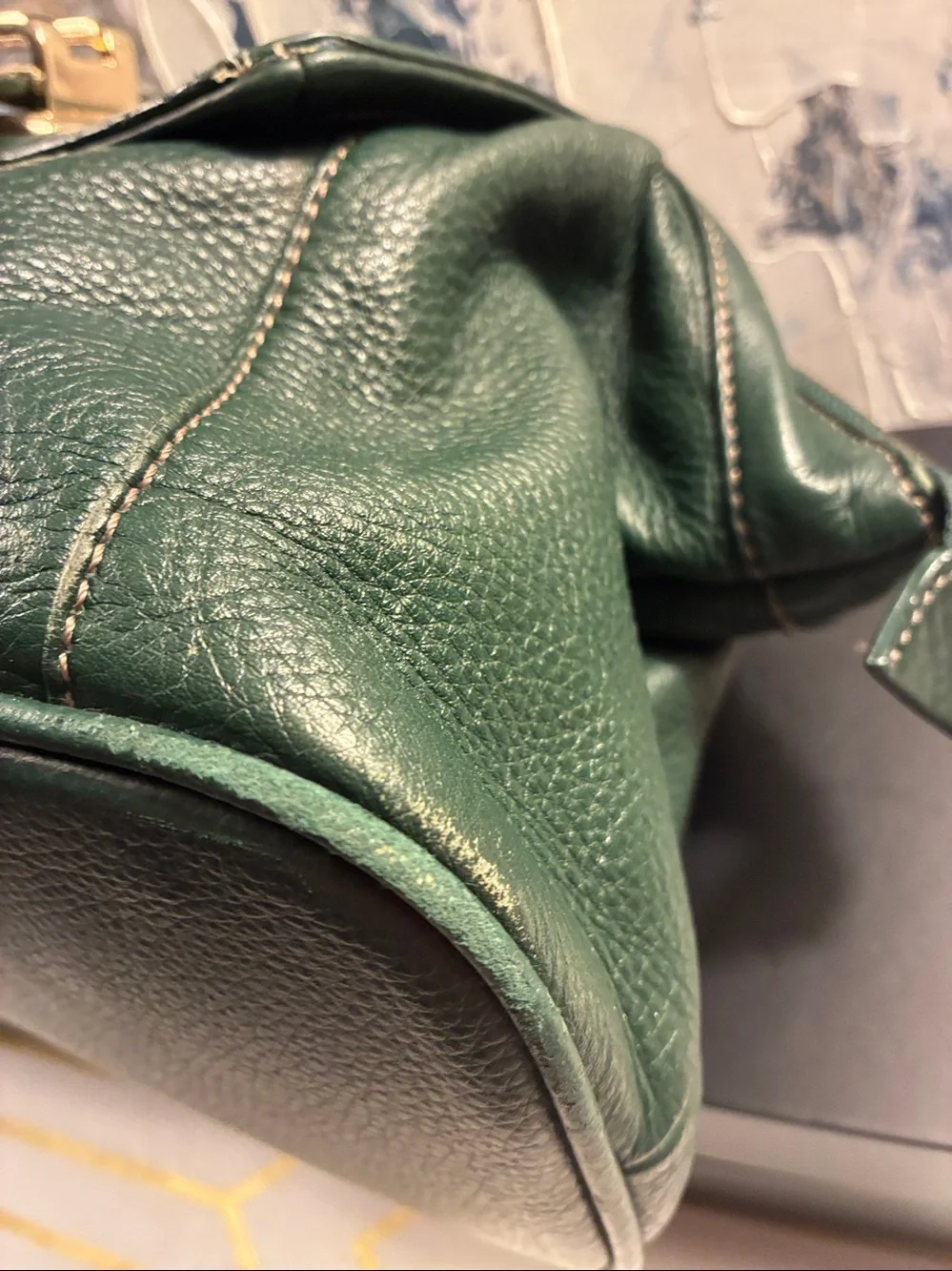 Vintage Liz Claiborne Dark Green Leather Top-Handle Satchel with Gold Hardware